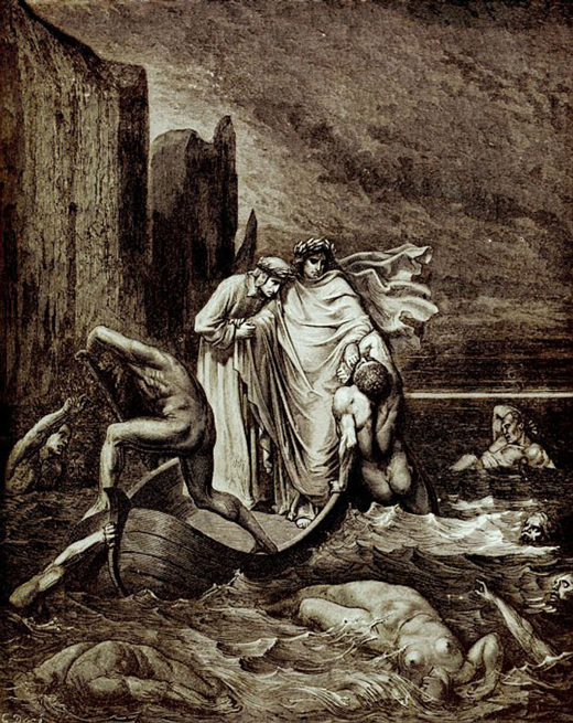 An art piece depicting the Wrath layer of Hell. Artwork by Gustave Doré, available at Gutenberg.org.